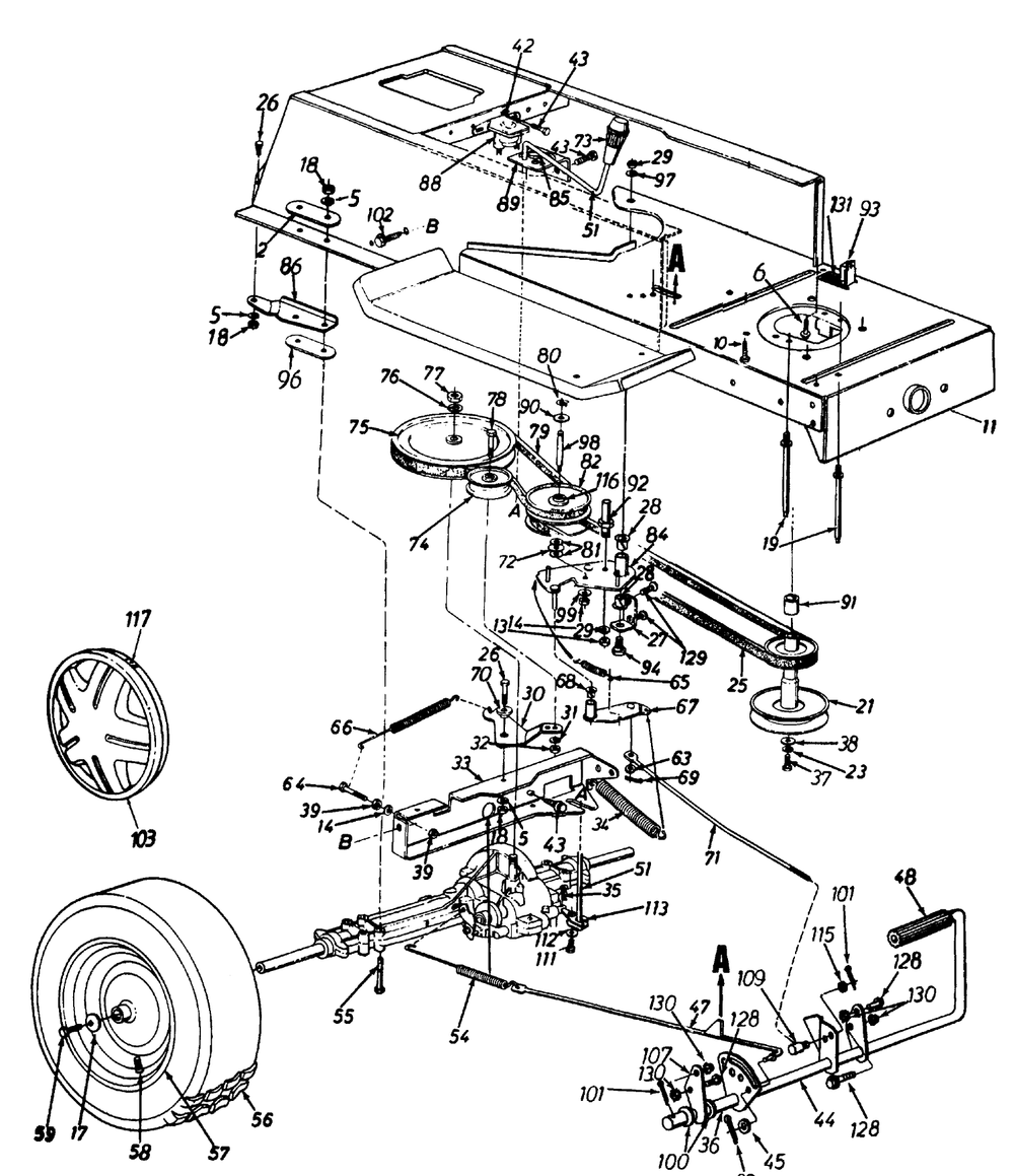 Drive/Frame/Pedal Assembly/Wheels, Rear Diagram and Parts List for 13AM675G372 1997 Yard Machines Lawn Tractor